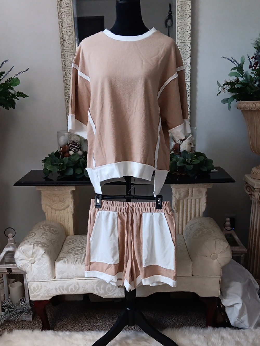 Beige and White Two-Piece Lounge Set